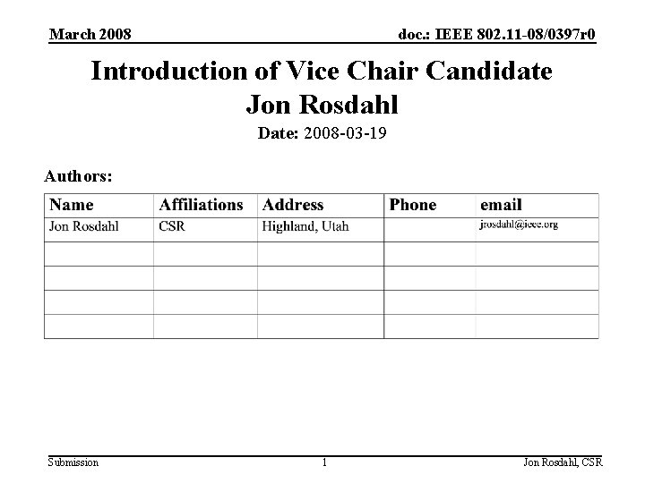 March 2008 doc. : IEEE 802. 11 -08/0397 r 0 Introduction of Vice Chair