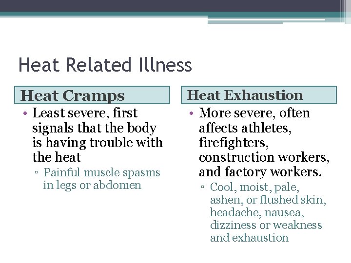 Heat Related Illness Heat Cramps • Least severe, first signals that the body is
