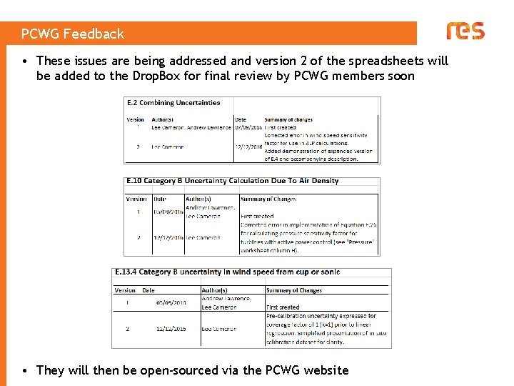 PCWG Feedback • These issues are being addressed and version 2 of the spreadsheets