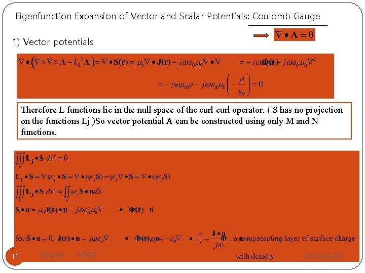 Eigenfunction Expansion of Vector and Scalar Potentials: Coulomb Gauge 1) Vector potentials Therefore L