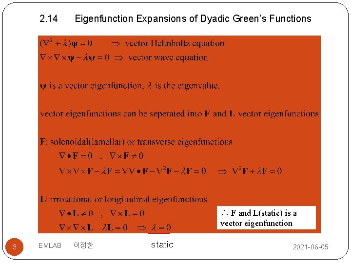2. 14 Eigenfunction Expansions of Dyadic Green’s Functions ∴ F and L(static) is a
