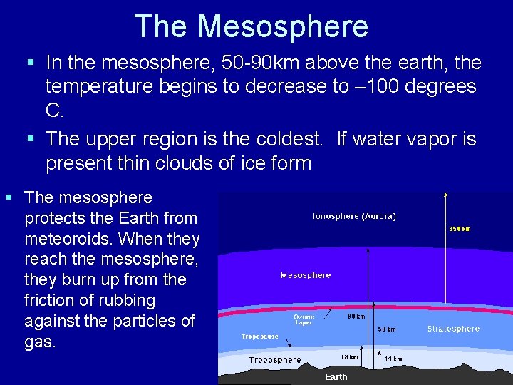The Mesosphere § In the mesosphere, 50 -90 km above the earth, the temperature