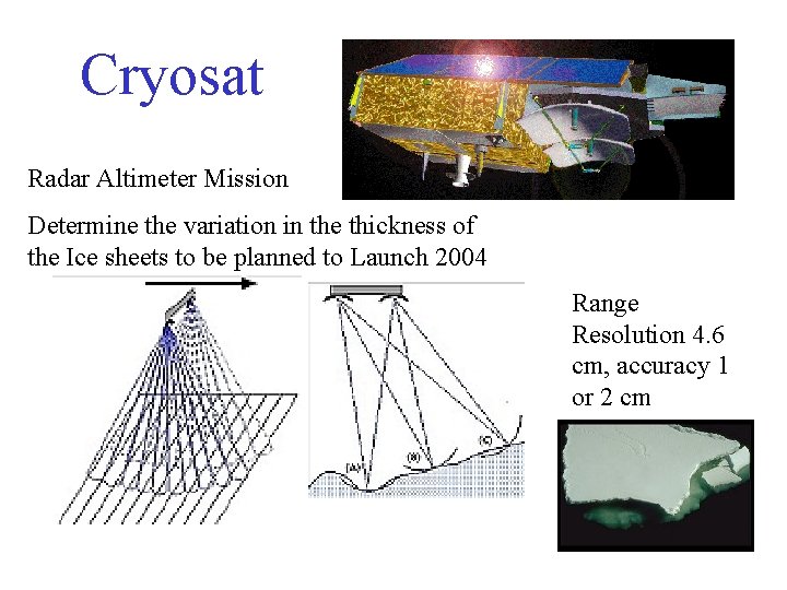 Cryosat Radar Altimeter Mission Determine the variation in the thickness of the Ice sheets