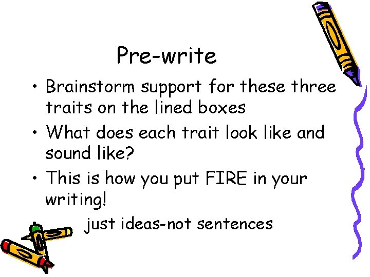 Pre-write • Brainstorm support for these three traits on the lined boxes • What