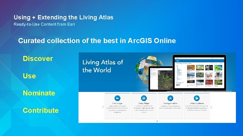 Using + Extending the Living Atlas Ready-to-Use Content from Esri Curated collection of the