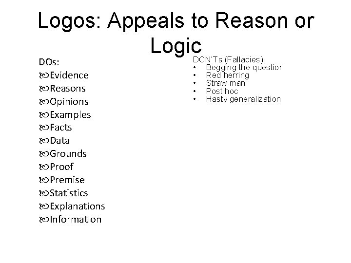 Logos: Appeals to Reason or Logic DOs: Evidence Reasons Opinions Examples Facts Data Grounds