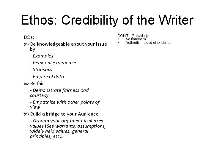 Ethos: Credibility of the Writer DOs: Be knowledgeable about your issue by - Examples