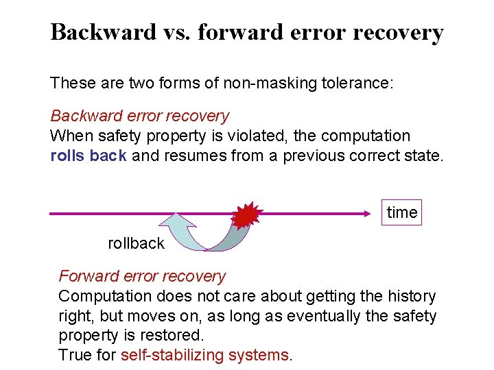 Backward vs. forward error recovery These are two forms of non-masking tolerance: Backward error