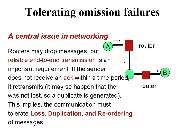 Tolerating omission failures A central issue in networking A Routers may drop messages, but