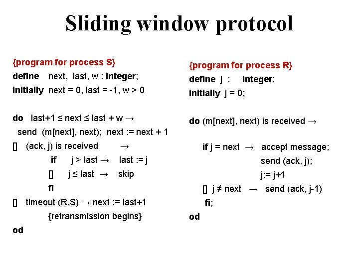 Sliding window protocol {program for process S} {program for process R} define j :