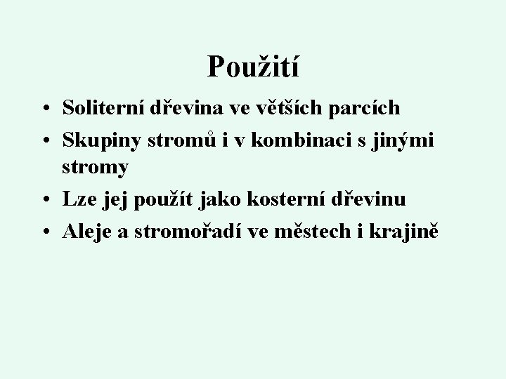 Použití • Soliterní dřevina ve větších parcích • Skupiny stromů i v kombinaci s