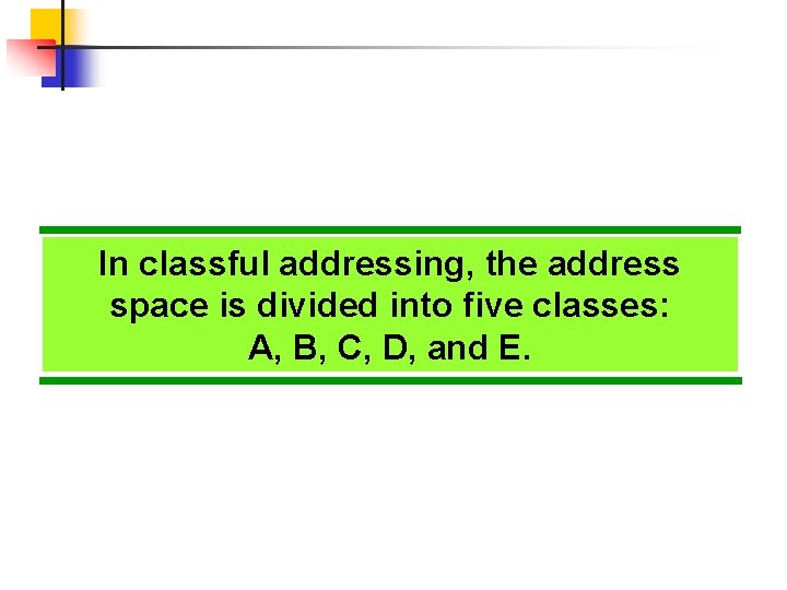In classful addressing, the address space is divided into five classes: A, B, C,