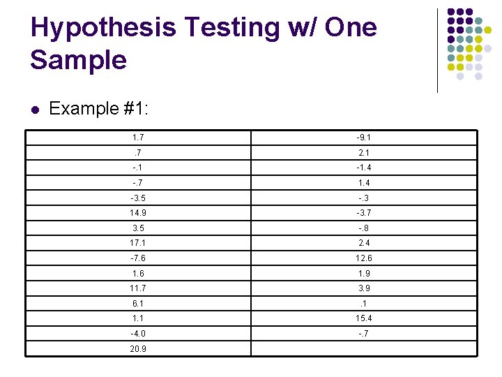 Hypothesis Testing w/ One Sample l Example #1: 1. 7 -9. 1 . 7