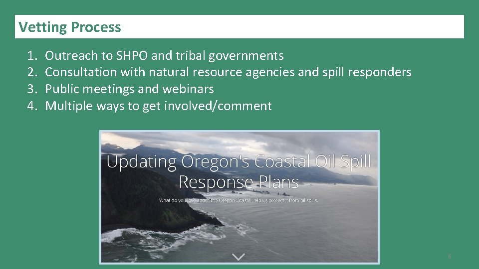 Vetting Process 1. 2. 3. 4. Outreach to SHPO and tribal governments Consultation with