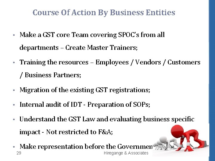 Course Of Action By Business Entities • Make a GST core Team covering SPOC’s