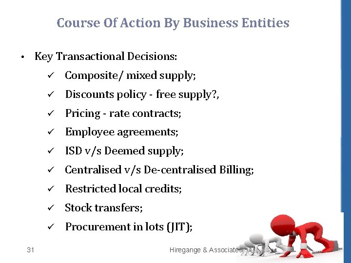 Course Of Action By Business Entities • Key Transactional Decisions: 31 ü Composite/ mixed