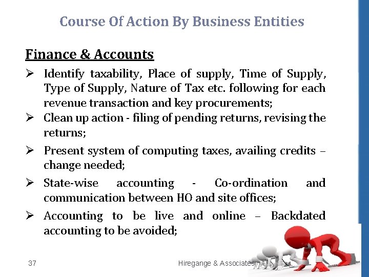 Course Of Action By Business Entities Finance & Accounts Ø Identify taxability, Place of