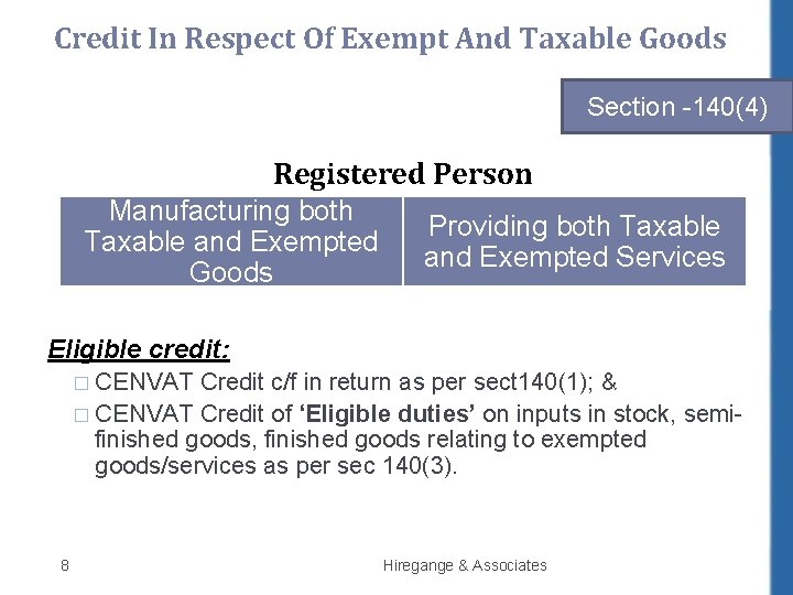 Credit In Respect Of Exempt And Taxable Goods Section -140(4) Registered Person Manufacturing both
