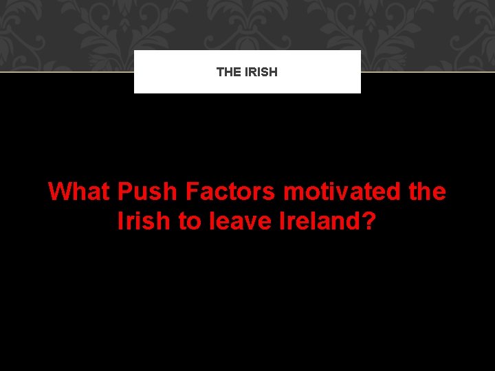 THE IRISH What Push Factors motivated the Irish to leave Ireland? 