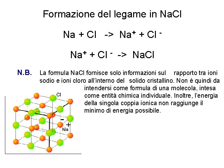 Formazione del legame in Na. Cl Na + Cl -> Na+ + Cl -