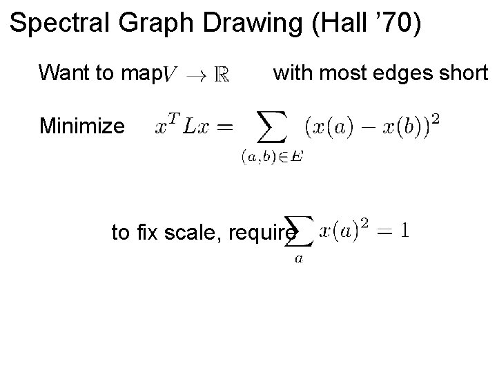 Spectral Graph Drawing (Hall ’ 70) Want to map with most edges short Minimize
