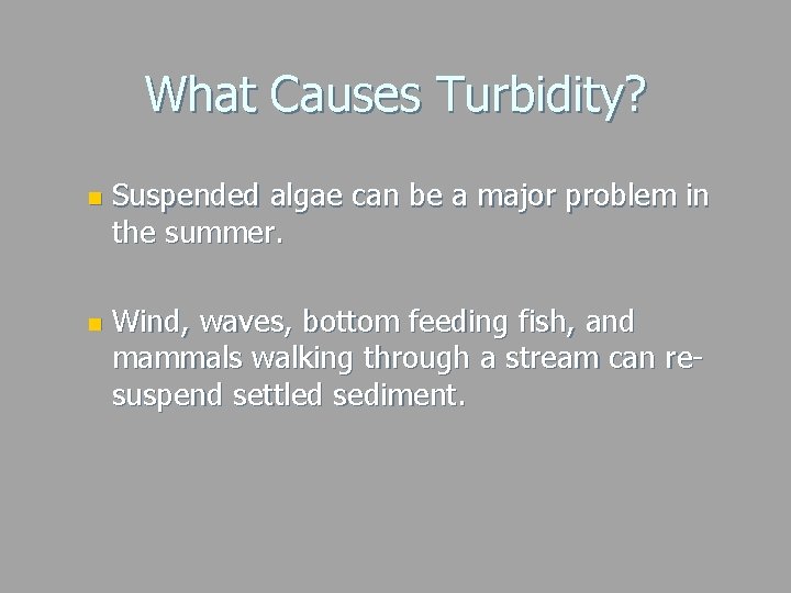 What Causes Turbidity? n n Suspended algae can be a major problem in the