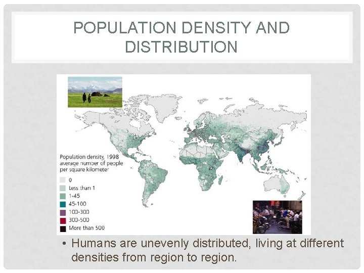 POPULATION DENSITY AND DISTRIBUTION • Humans are unevenly distributed, living at different densities from