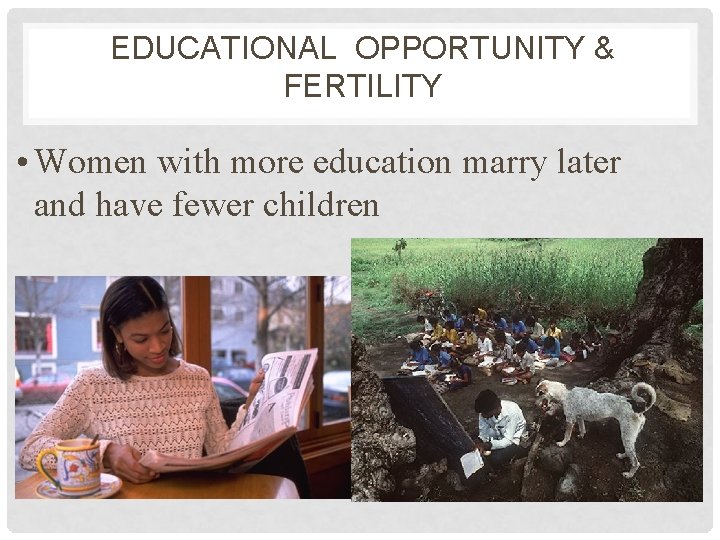 EDUCATIONAL OPPORTUNITY & FERTILITY • Women with more education marry later and have fewer