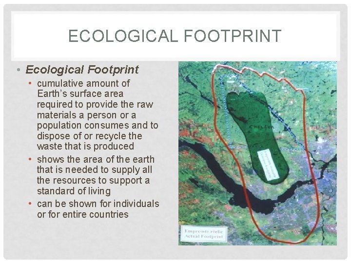 ECOLOGICAL FOOTPRINT • Ecological Footprint • cumulative amount of Earth’s surface area required to