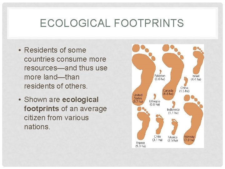 ECOLOGICAL FOOTPRINTS • Residents of some countries consume more resources—and thus use more land—than