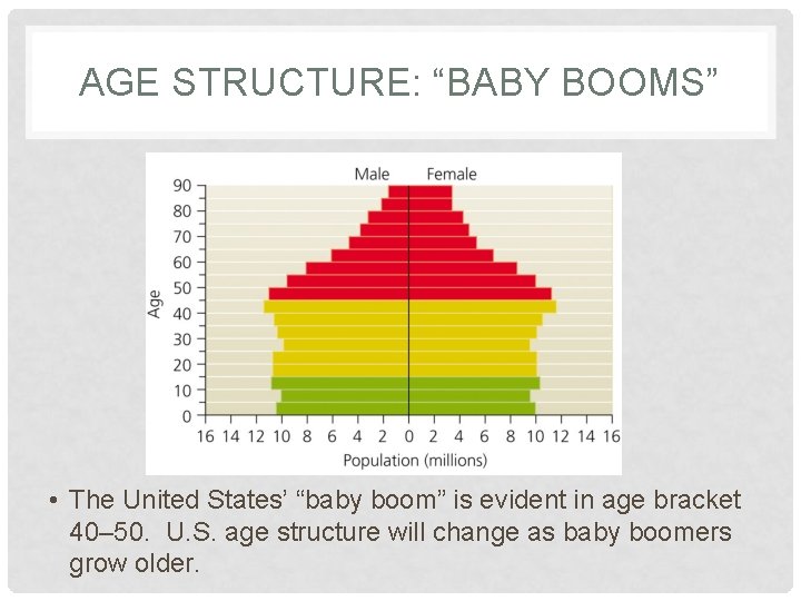 AGE STRUCTURE: “BABY BOOMS” • The United States’ “baby boom” is evident in age