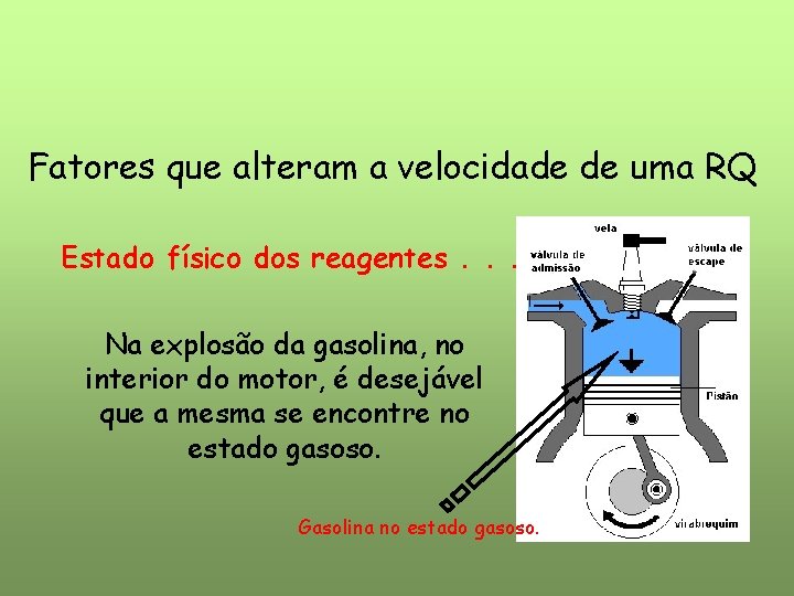 Fatores que alteram a velocidade de uma RQ Estado físico dos reagentes. . . Fatores que alteram a velocidade de uma RQ Estado físico dos reagentes. . .