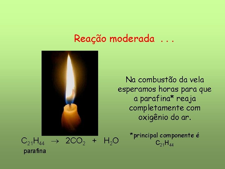 Reação moderada. . . Na combustão da vela esperamos horas para que a parafina* Reação moderada. . . Na combustão da vela esperamos horas para que a parafina*