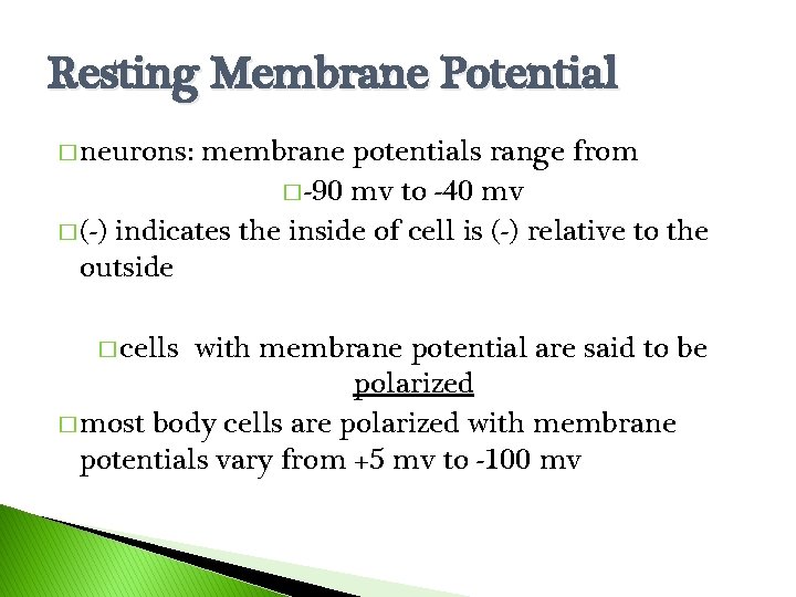 Resting Membrane Potential � neurons: membrane potentials range from � -90 mv to -40