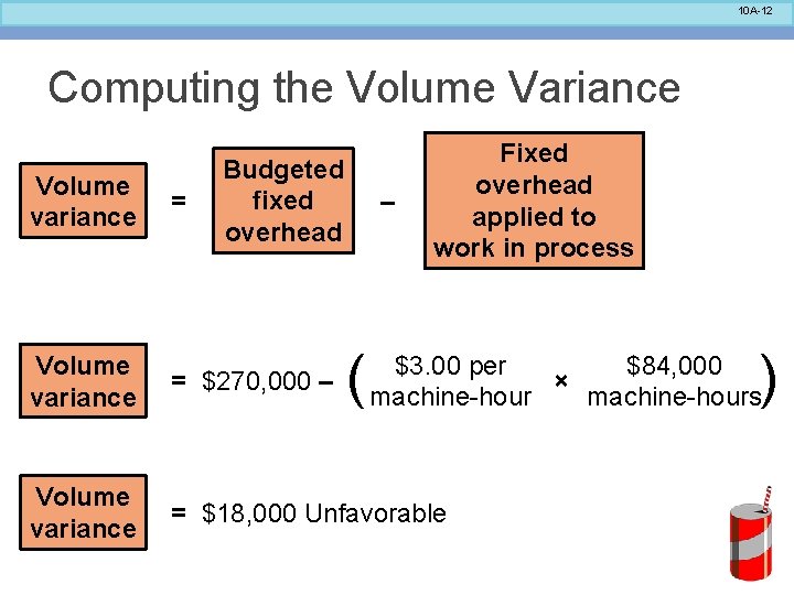 10 A-12 Computing the Volume Variance Volume variance = Budgeted fixed overhead – (