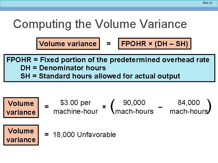 10 A-13 Computing the Volume Variance Volume variance = FPOHR × (DH – SH)