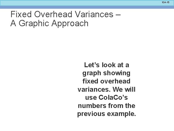 10 A-15 Fixed Overhead Variances – A Graphic Approach Let’s look at a graph