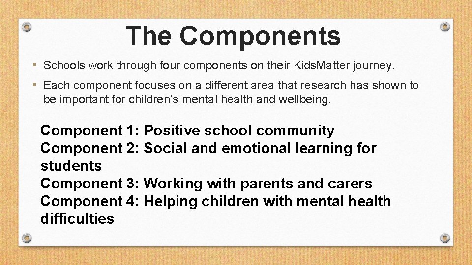The Components • Schools work through four components on their Kids. Matter journey. •