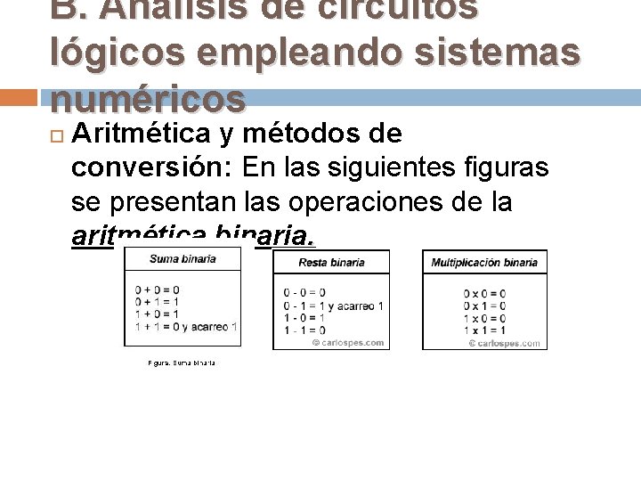 B. Análisis de circuitos lógicos empleando sistemas numéricos Aritmética y métodos de conversión: En