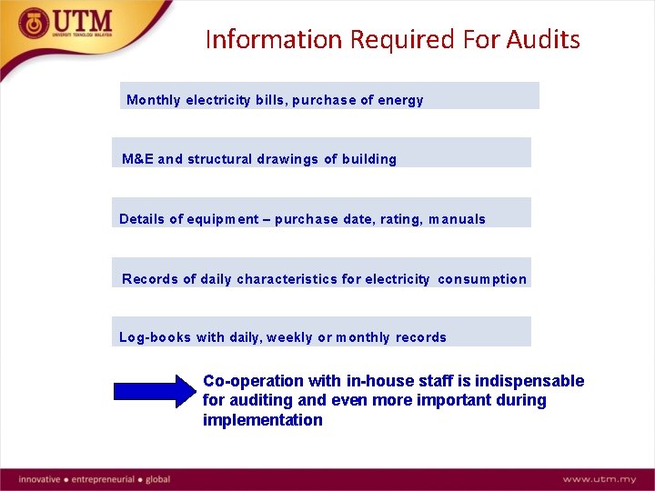 Information Required For Audits Monthly electricity bills, purchase of energy M&E and structural drawings