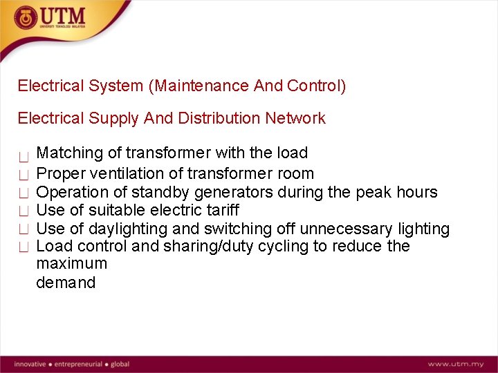 Electrical System (Maintenance And Control) Electrical Supply And Distribution Network Matching of transformer with