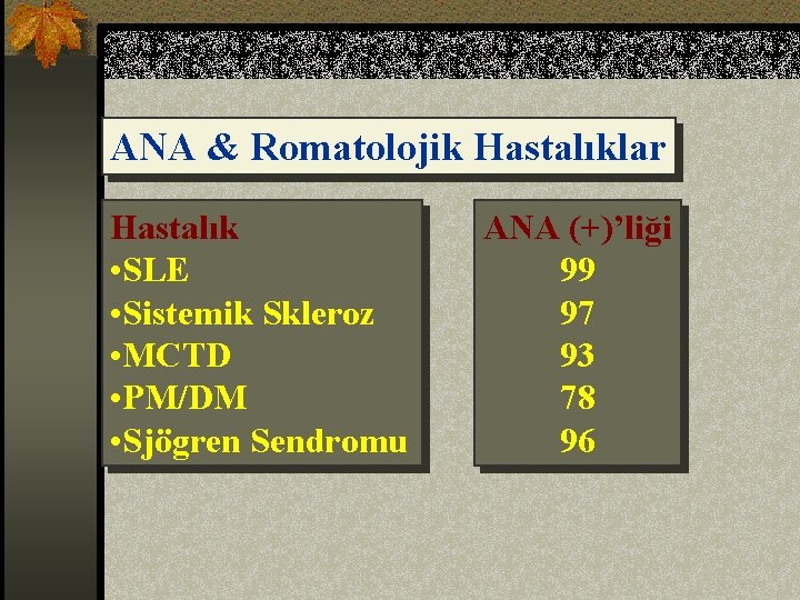 ANA & Romatolojik Hastalıklar Hastalık • SLE • Sistemik Skleroz • MCTD • PM/DM