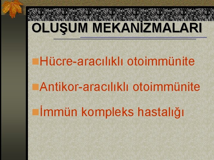 OLUŞUM MEKANİZMALARI n. Hücre-aracılıklı otoimmünite n. Antikor-aracılıklı otoimmünite nİmmün kompleks hastalığı 