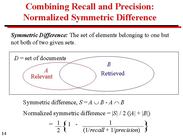 Combining Recall and Precision: Normalized Symmetric Difference: The set of elements belonging to one