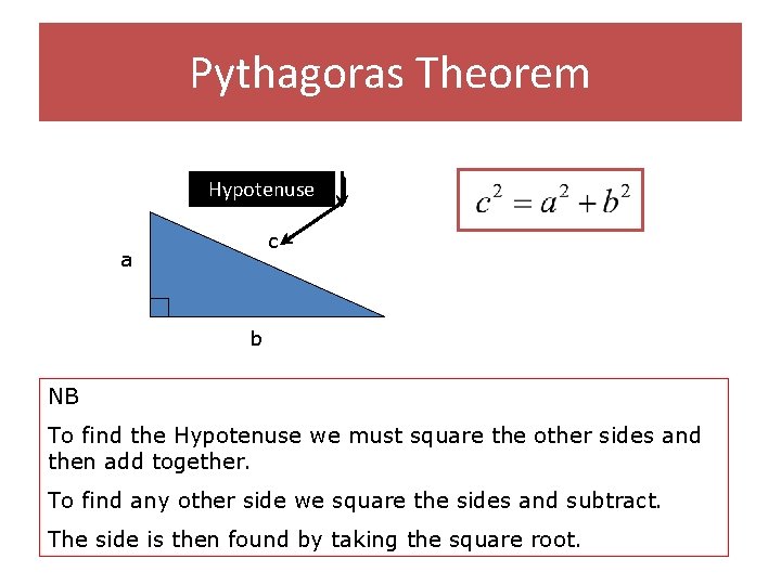 Pythagoras Theorem Hypotenuse c a b NB To find the Hypotenuse we must square
