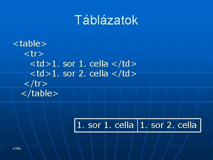 Táblázatok <table> <tr> <td>1. sor 1. cella </td> <td>1. sor 2. cella </td> </tr>