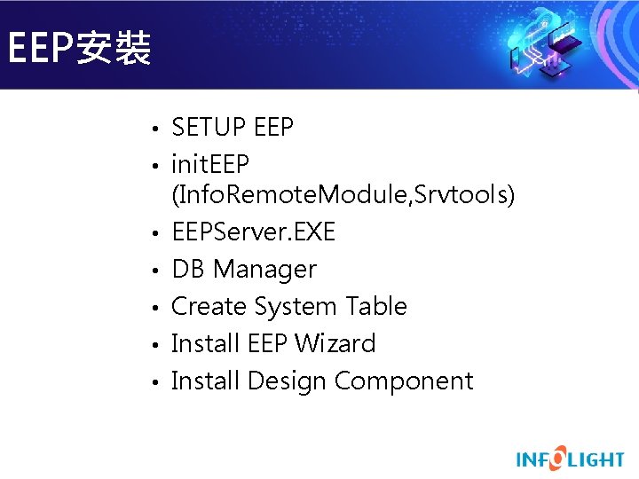 EEP安裝 • SETUP EEP • init. EEP (Info. Remote. Module, Srvtools) • EEPServer. EXE