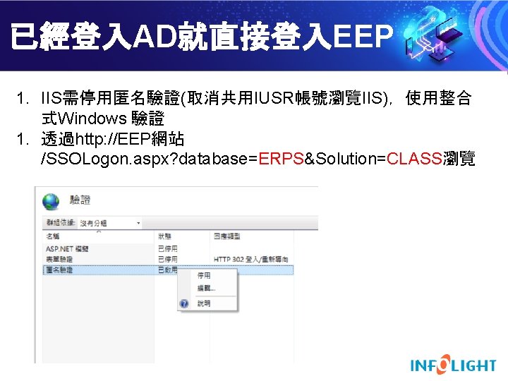 已經登入AD就直接登入EEP 1. IIS需停用匿名驗證(取消共用IUSR帳號瀏覽IIS)，使用整合 式Windows 驗證 1. 透過http: //EEP網站 /SSOLogon. aspx? database=ERPS&Solution=CLASS瀏覽 