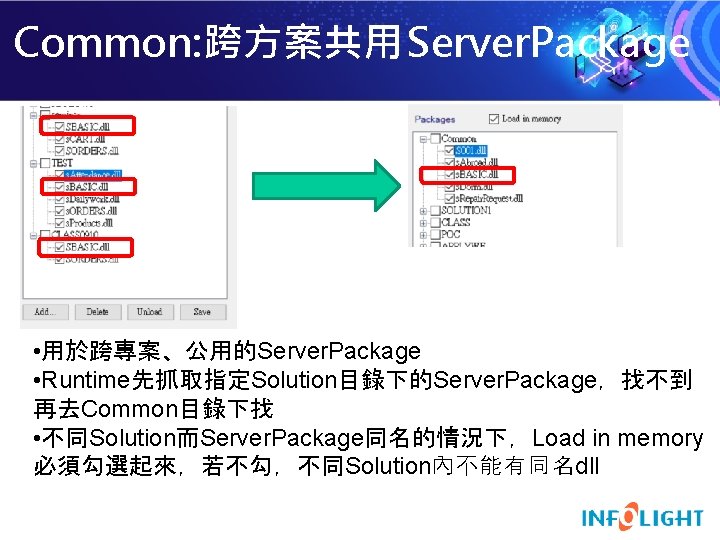 Common: 跨方案共用 Server. Package • 用於跨專案、公用的Server. Package • Runtime先抓取指定Solution目錄下的Server. Package，找不到 再去Common目錄下找 • 不同Solution而Server. Package同名的情況下，Load