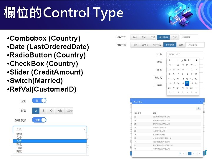 欄位的Control Type • Combobox (Country) • Date (Last. Ordered. Date) • Radio. Button (Country)